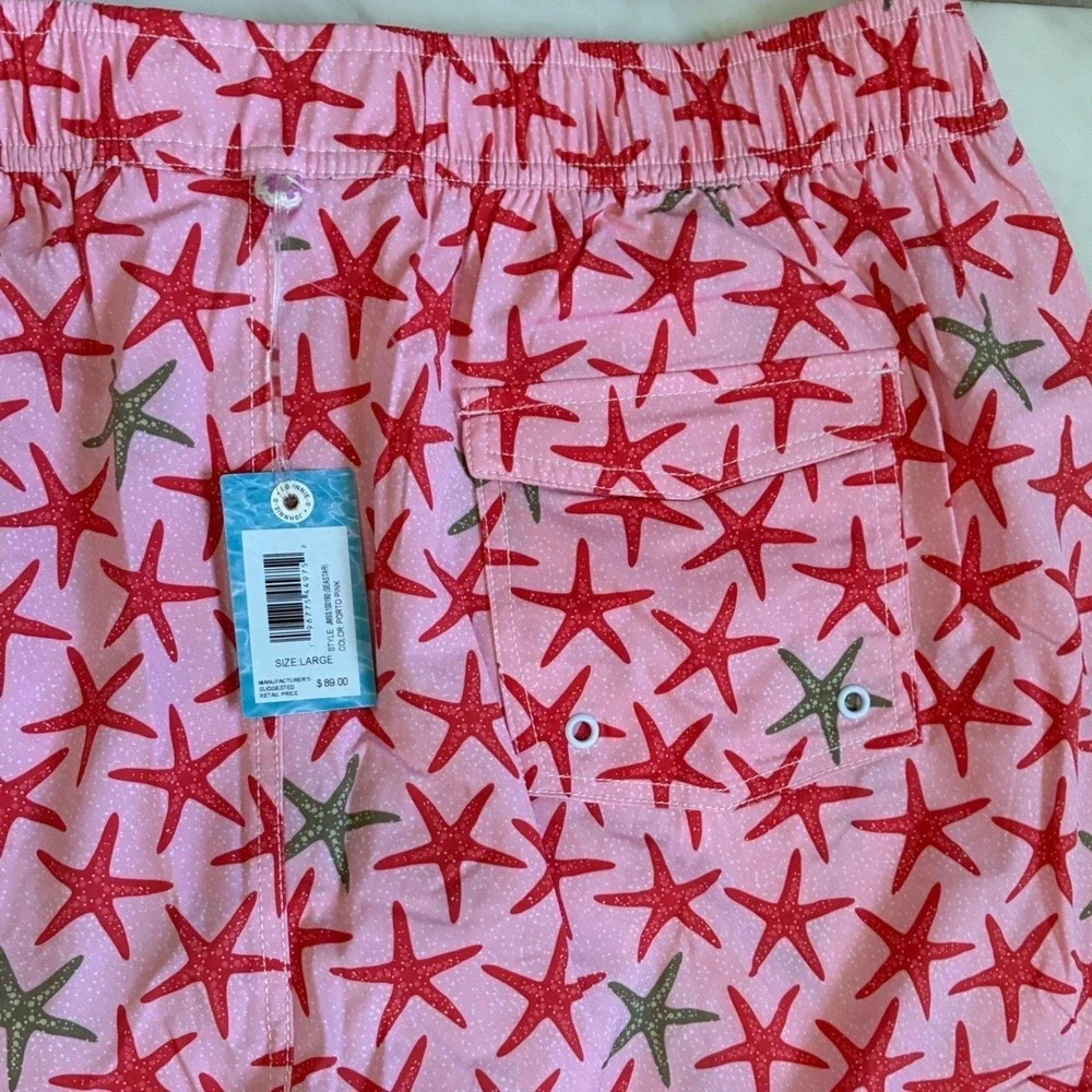 Johnnie-O Mens Seastar Swim Trunks Porto Pink Starfish Print‎ Shorts Large NWT